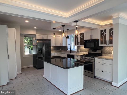 Interior, Kitchen, Marble, Pendant Lights, Recessed Lighting, Stainless Steel Appliances