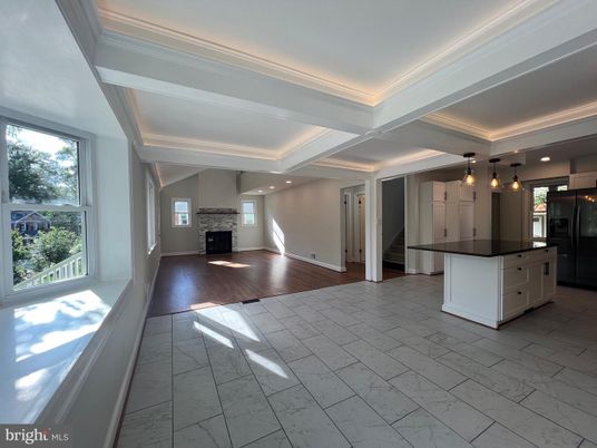 Fireplace, Interior, Kitchen, Marble, Pendant Lights, Recessed Lighting, Wood Texture Flooring