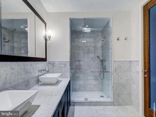 Bathroom, Dual Sink Vanities, Glass Shower, Interior, Marble, Marble Walls