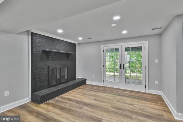 Empty room, Fireplace, Interior, Recessed Lighting, Wood Texture Flooring