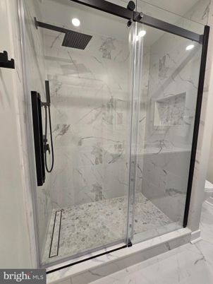 Bathroom, Glass Shower, Interior, Marble, Marble Walls, Recessed Lighting