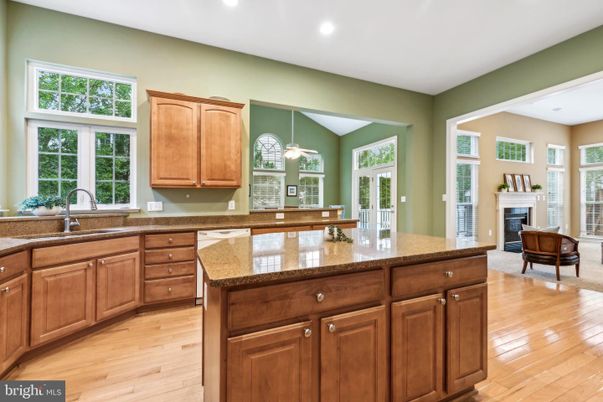 Fireplace, Interior, Kitchen, Pendant Lights, Recessed Lighting, Wood Texture Flooring