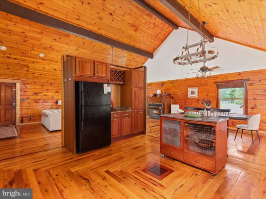 Dining room, Fireplace, Interior, Kitchen, Pendant Lights, Wooden Beams, Wooden Ceilings, Wood Texture Flooring, Wooden Walls