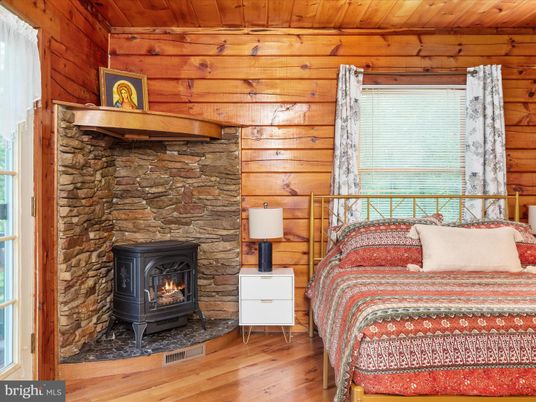 Bedroom, Fireplace, Interior, Stone Walls, Wooden Ceilings, Wood Texture Flooring, Wooden Walls