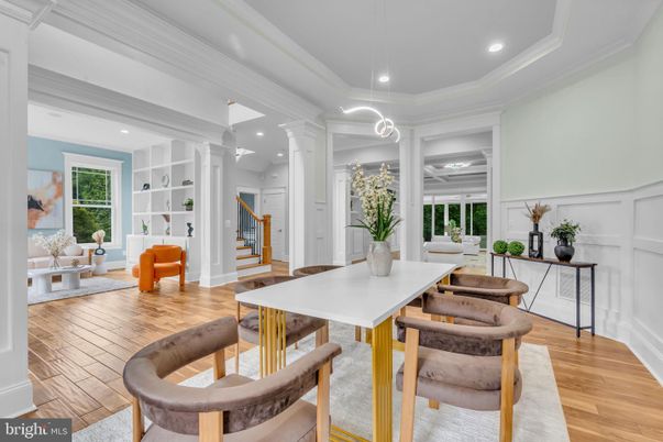 Dining room, Interior, Pendant Lights, Recessed Lighting, Wood Texture Flooring