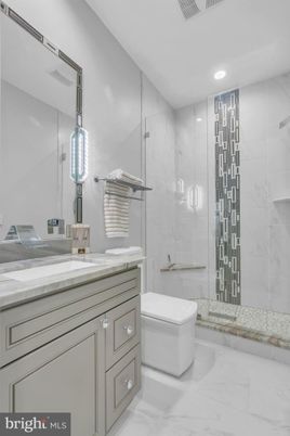 Bathroom, Glass Shower, Interior, Marble, Marble Walls, Recessed Lighting