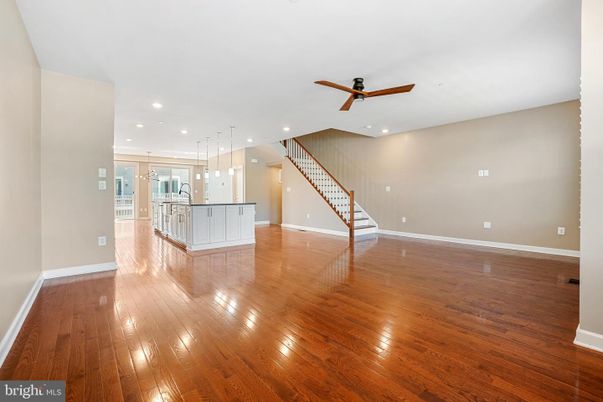Empty room, Interior, Kitchen, Pendant Lights, Recessed Lighting, Wood Texture Flooring