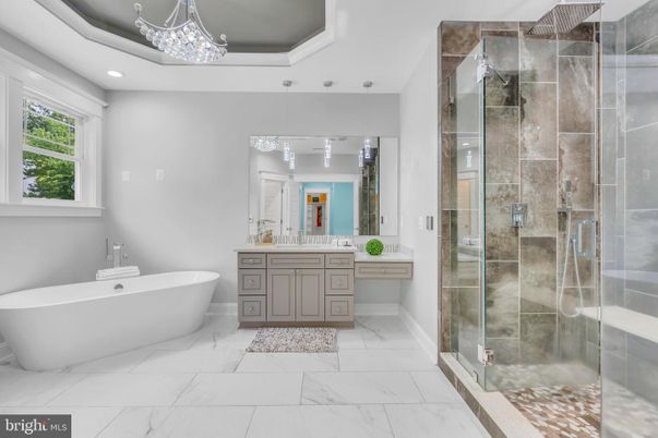 Bathroom, Dual Sink Vanities, Free Standing Baths, Glass Shower, Interior, Marble, Pendant Lights, Recessed Lighting