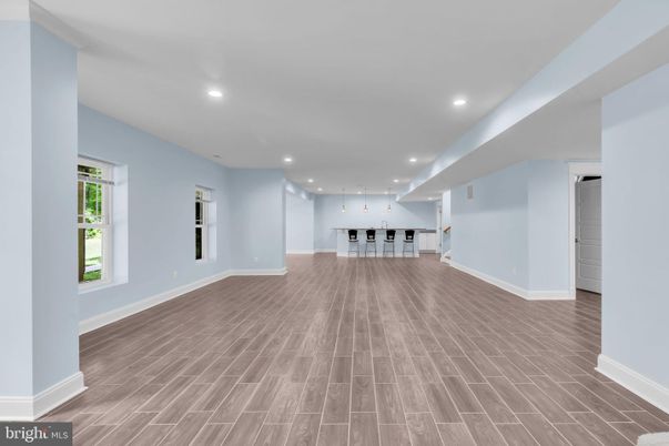 Empty room, Interior, Kitchen, Recessed Lighting, Wood Texture Flooring