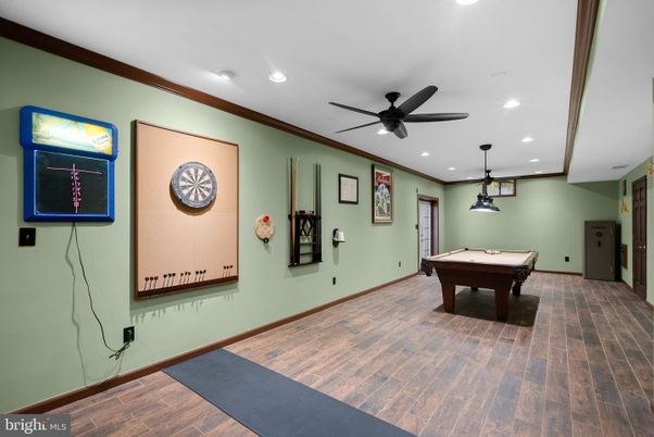 Billiard Table, Game Room, Interior, Pendant Lights, Recessed Lighting, Wood Texture Flooring