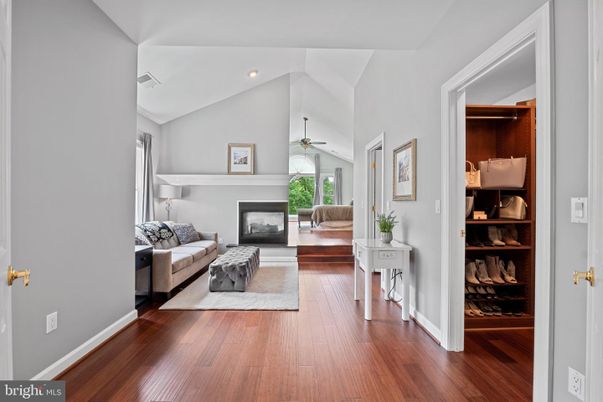 Fireplace, Interior, Pendant Lights, Recessed Lighting, Wood Texture Flooring