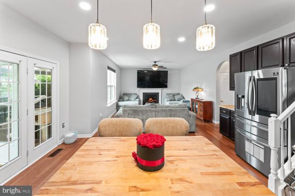 Fireplace, Interior, Kitchen, Living room, Pendant Lights, Recessed Lighting, Wood Texture Flooring