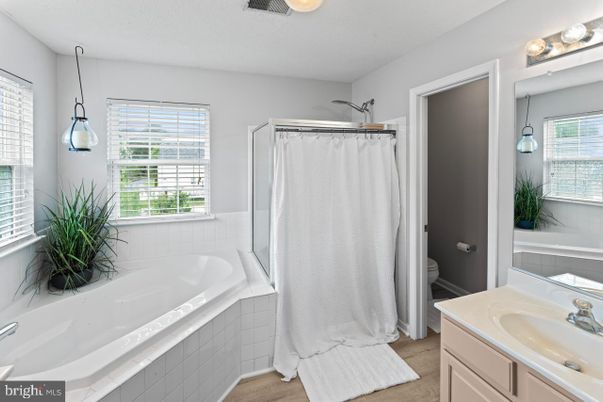 Bathroom, Interior, Pendant Lights, Wood Texture Flooring