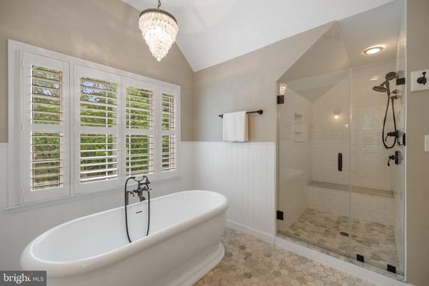 Bathroom, Chandelier, Free Standing Baths, Glass Shower, Interior, Recessed Lighting
