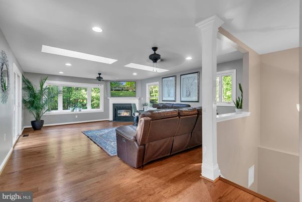 Fireplace, Interior, Living room, Recessed Lighting, Wood Texture Flooring