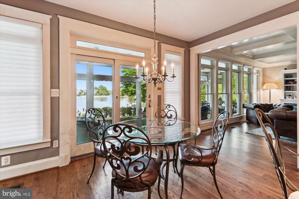Chandelier, Dining room, Interior, Water, Wood Texture Flooring