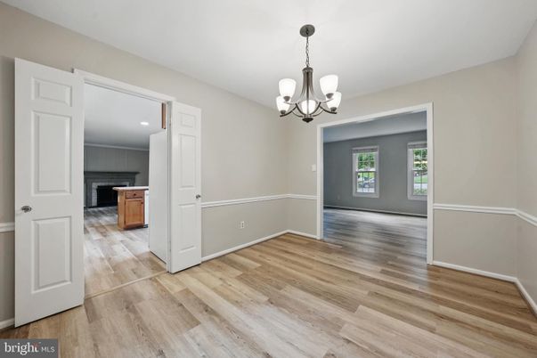 Chandelier, Empty room, Interior, Kitchen, Recessed Lighting, Wood Texture Flooring