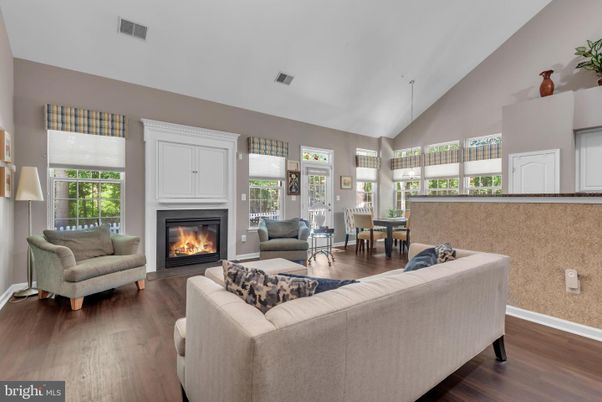 Dining room, Fireplace, Interior, Living room, Pendant Lights, Wood Texture Flooring