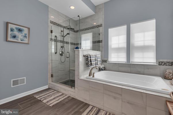 Bathroom, Glass Shower, Interior, Recessed Lighting, Wood Texture Flooring