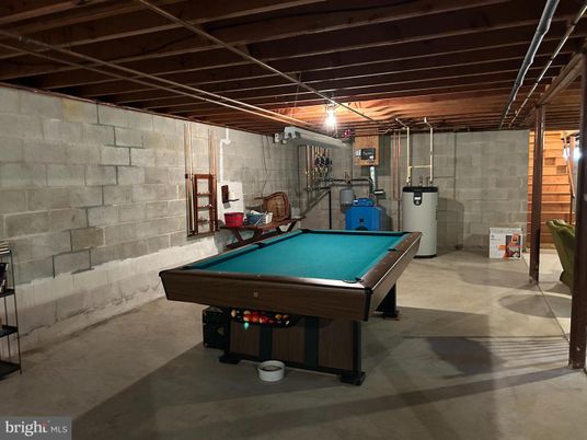 Billiard Table, Game Room, Interior, Stone Walls, Wooden Beams