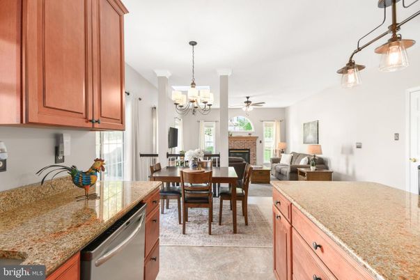 Chandelier, Dining room, Fireplace, Interior, Kitchen, Living room, Pendant Lights