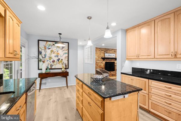 Interior, Kitchen, Pendant Lights, Recessed Lighting, Stone Walls, Wood Texture Flooring