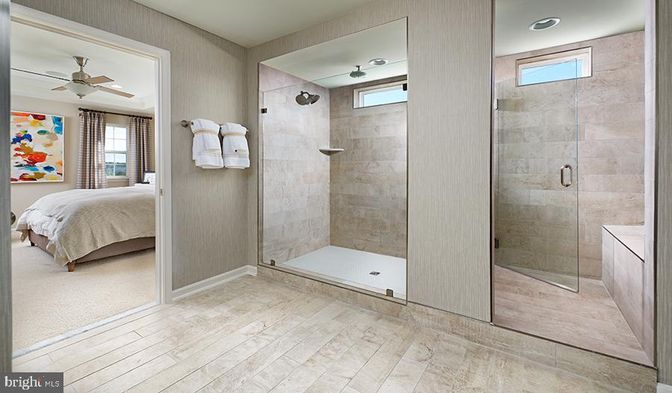 Bathroom, Bedroom, Glass Shower, Interior, Recessed Lighting, Wood Texture Flooring