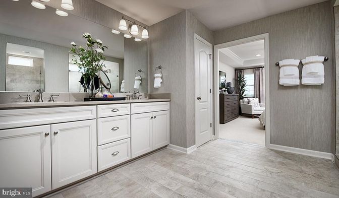 Bathroom, Dual Sink Vanities, Interior, Recessed Lighting, Wood Texture Flooring