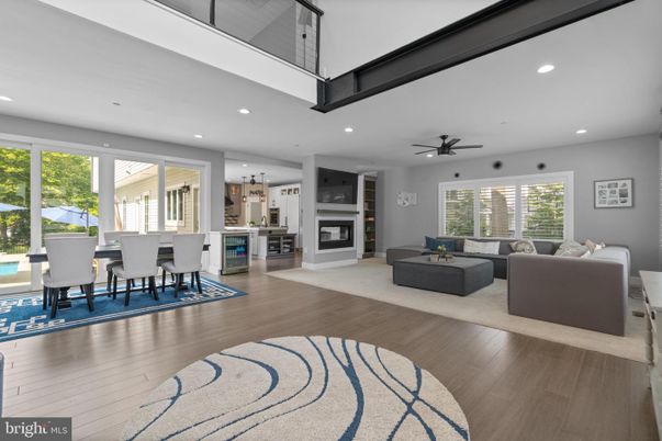 Dining room, Fireplace, Interior, Kitchen, Living room, Recessed Lighting, Wood Texture Flooring