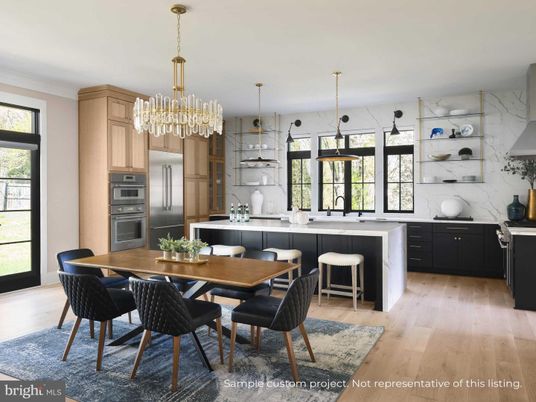Chandelier, Dining room, Interior, Kitchen, Marble Walls, Stainless Steel Appliances, Wood Texture Flooring