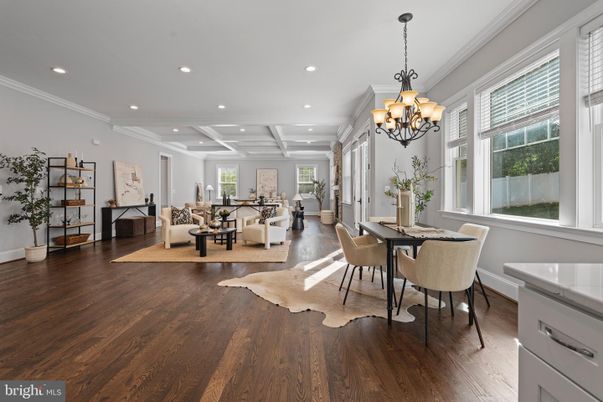 Chandelier, Dining room, Interior, Living room, Recessed Lighting, Wood Texture Flooring
