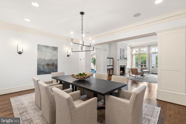 Dining room, Fireplace, Interior, Living room, Pendant Lights, Recessed Lighting, Wood Texture Flooring