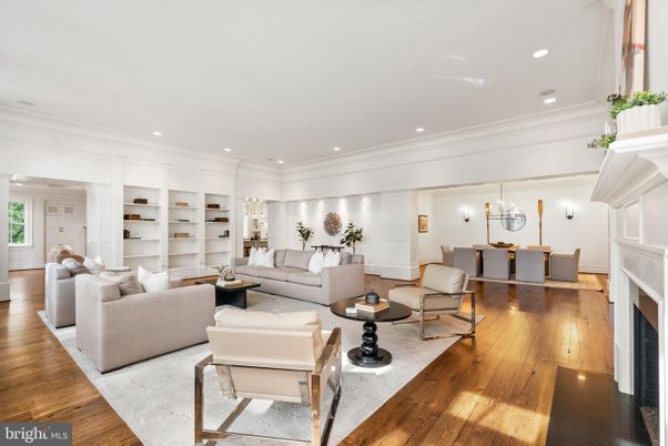 Dining room, Fireplace, Interior, Living room, Pendant Lights, Recessed Lighting, Wood Texture Flooring