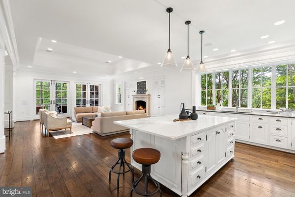 Fireplace, Interior, Kitchen, Living room, Pendant Lights, Recessed Lighting, Wood Texture Flooring