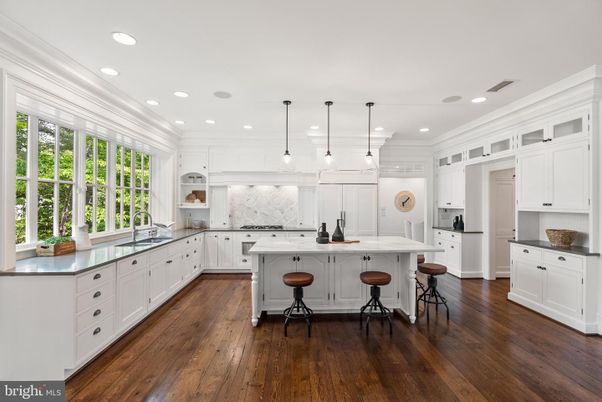 Interior, Kitchen, Marble Walls, Pendant Lights, Recessed Lighting, Wood Texture Flooring