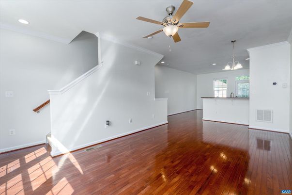 Empty room, Interior, Pendant Lights, Recessed Lighting, Wood Texture Flooring