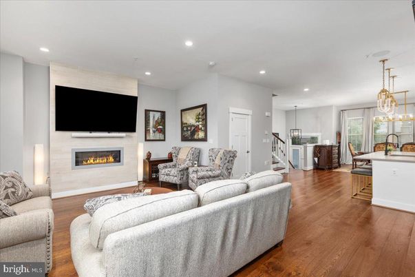 Fireplace, Interior, Kitchen, Living room, Pendant Lights, Recessed Lighting, Wood Texture Flooring