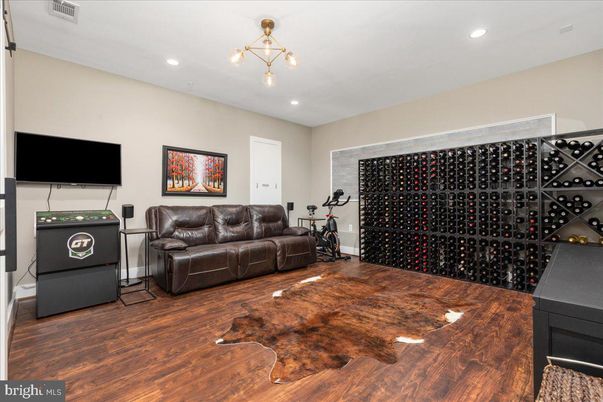Interior, Living room, Recessed Lighting, Wine Storage, Wood Texture Flooring