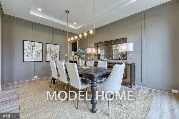 Dining room, Interior, Pendant Lights, Recessed Lighting, Wood Texture Flooring
