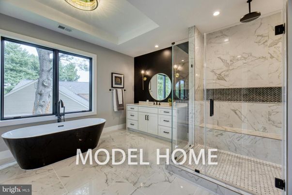Bathroom, Dual Sink Vanities, Free Standing Baths, Glass Shower, Interior, Marble, Marble Walls, Recessed Lighting