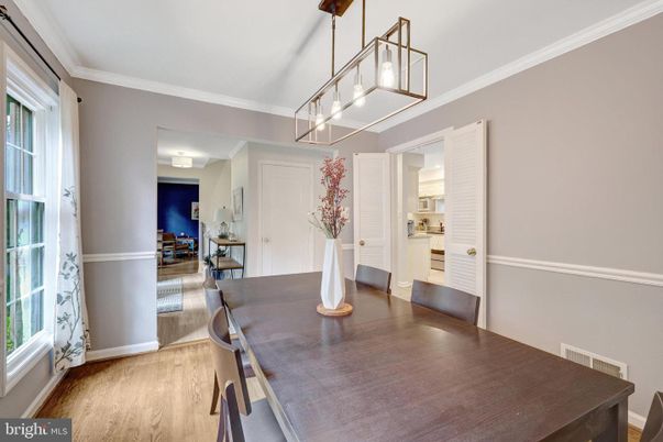 Dining room, Interior, Pendant Lights, Wood Texture Flooring