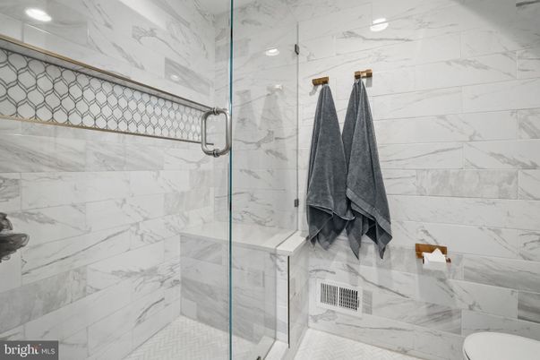 Bathroom, Glass Shower, Interior, Marble Walls, Recessed Lighting