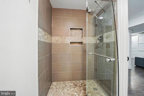 Bathroom, Glass Shower, Interior, Wood Texture Flooring
