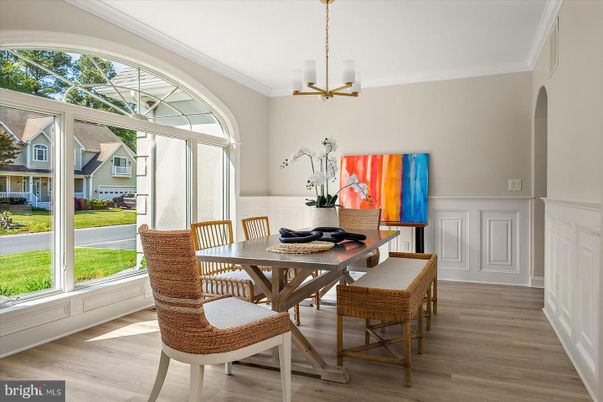 Dining room, Interior, Pendant Lights, Wood Texture Flooring