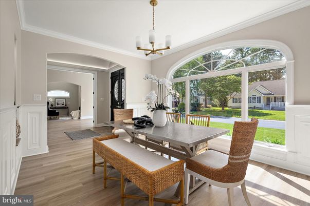 Dining room, Interior, Pendant Lights, Wood Texture Flooring