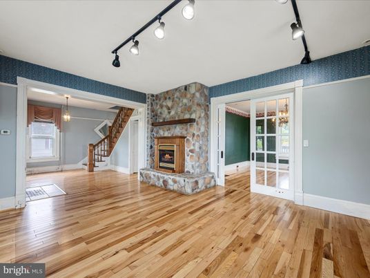 Empty room, Fireplace, Interior, Pendant Lights, Wood Texture Flooring