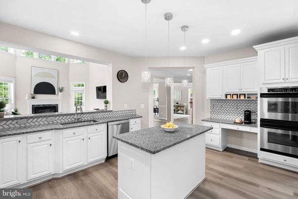 Fireplace, Interior, Kitchen, Pendant Lights, Recessed Lighting, Stainless Steel Appliances, Wood Texture Flooring