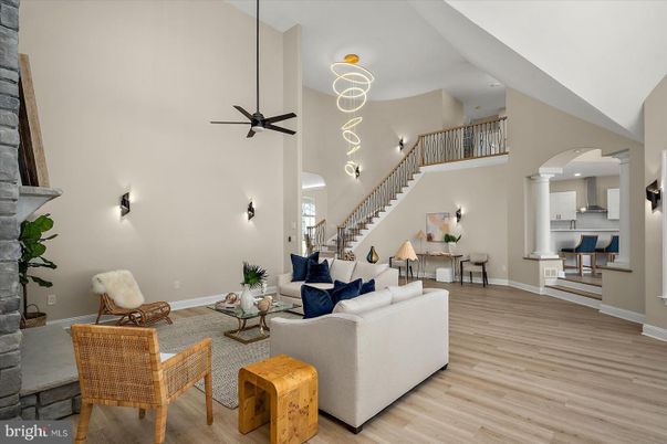 Fireplace, Interior, Living room, Pendant Lights, Wood Texture Flooring