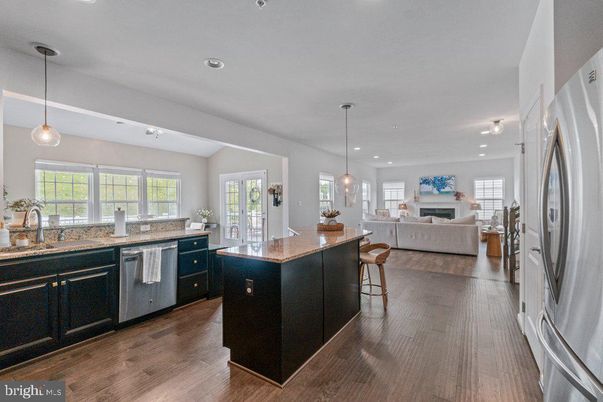 Fireplace, Interior, Kitchen, Living room, Pendant Lights, Recessed Lighting, Wood Texture Flooring