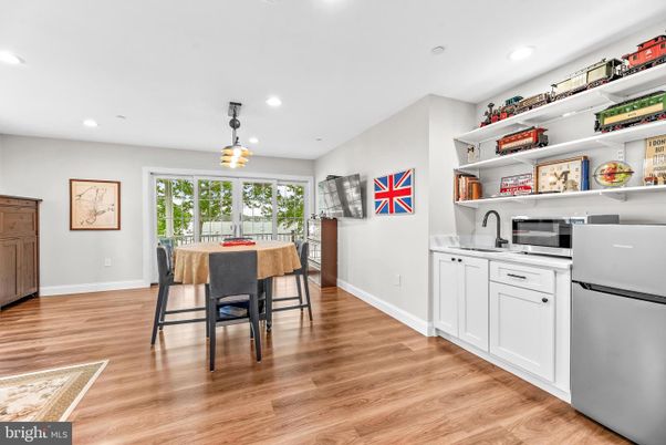 Dining room, Interior, Pendant Lights, Recessed Lighting, Wood Texture Flooring